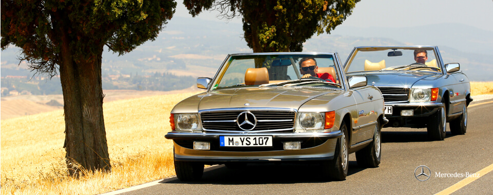 Slider 10 Mercedes-Benz 300SL 300 280SL 280 SL W107 107 Toskana tuscany | Nostalgic Oldtimerreisen